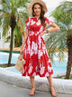 Printed Round Neck Flounce Sleeve Midi Dress Deep Red S