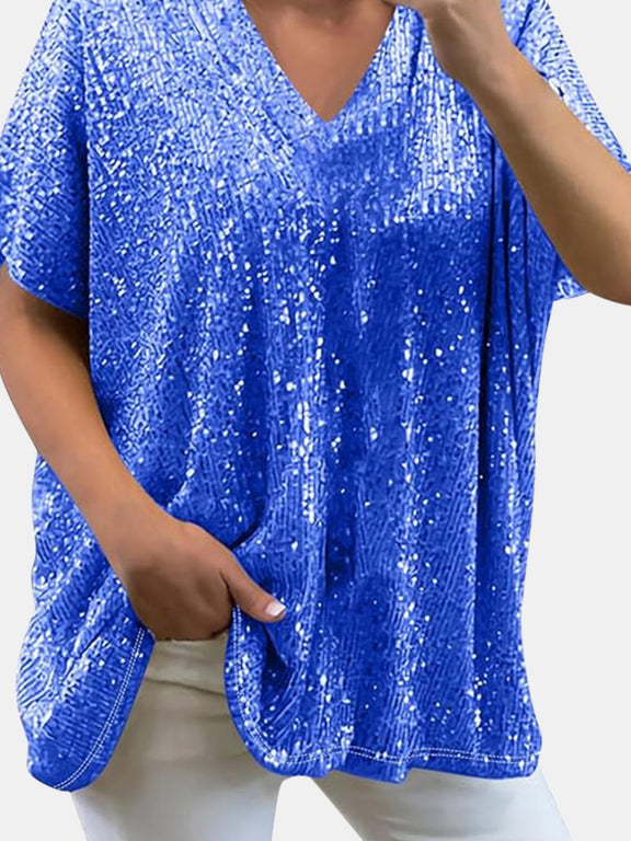 Full Size Sequin V-Neck Short Sleeve Top Blue