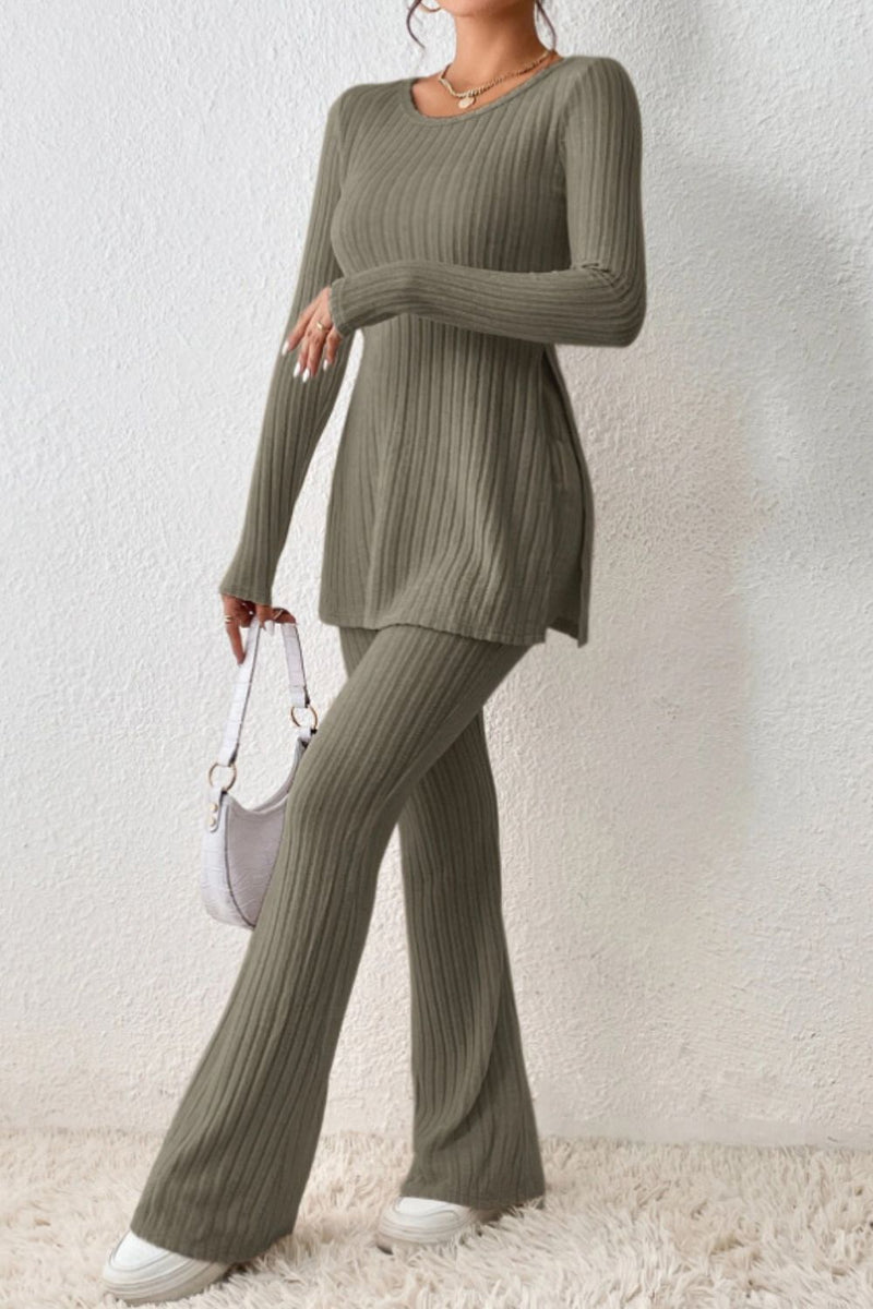 Ribbed Long Sleeve Slit Top and Bootcut Pants Set Olive Brown