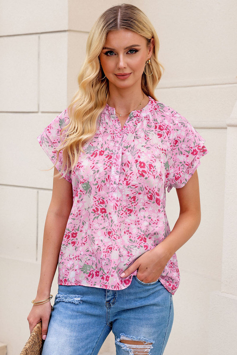 Floral Half-Button Flutter Sleeve Blouse