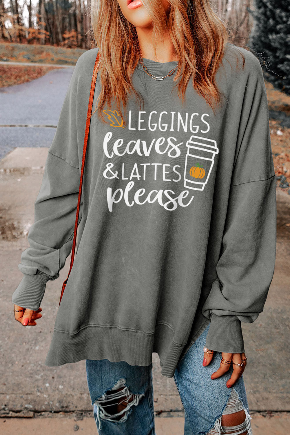 Round Neck Dropped Shoulder LEGGINGS LEAVES LATTES PLEASE Graphic Sweatshirt Dark Gray