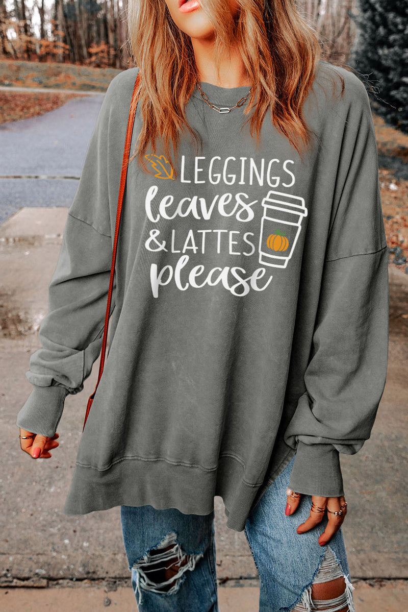 Round Neck Dropped Shoulder LEGGINGS LEAVES LATTES PLEASE Graphic Sweatshirt Dark Gray