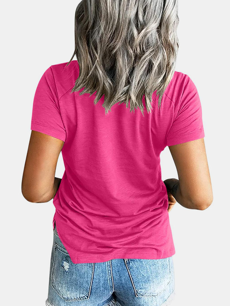 Pocketed V-Neck Short Sleeve T-Shirt Hot Pink