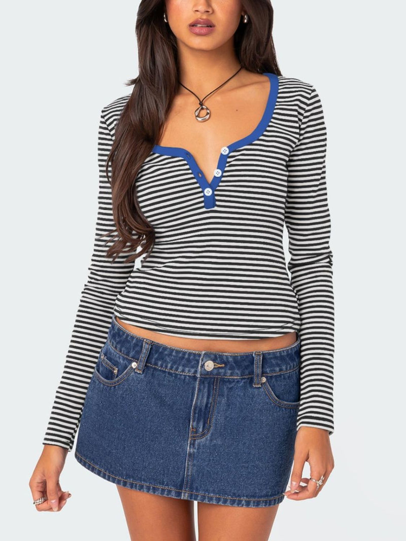 Buttoned Striped Long Sleeve T-Shirt Royal Blue