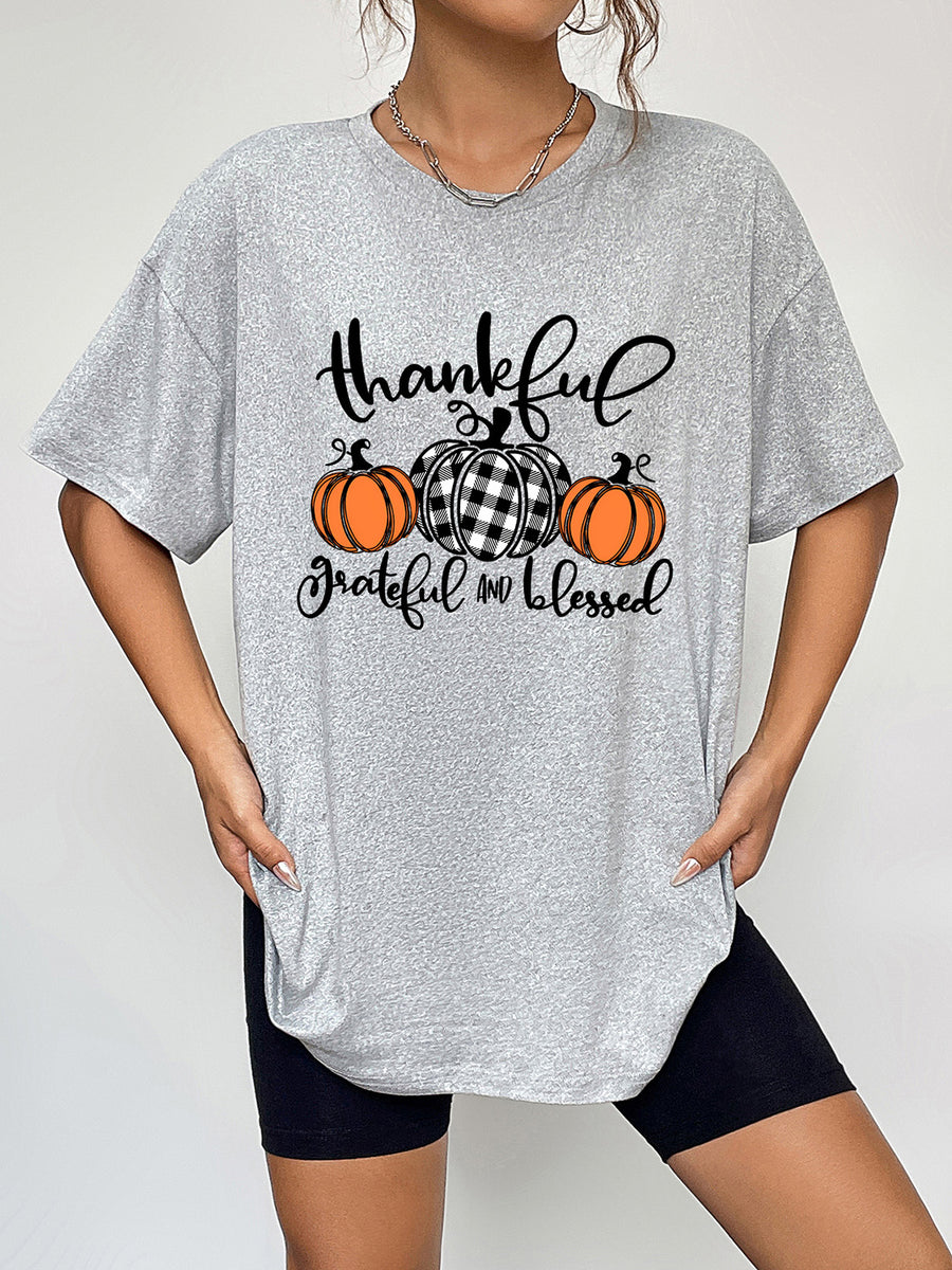 Round Neck Short Sleeve Fall Season Graphic T-Shirt Cloudy Blue