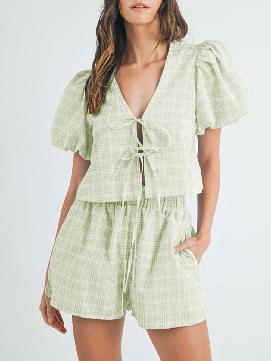 V-Neck Puff Sleeve Top and Shorts Set Light Green