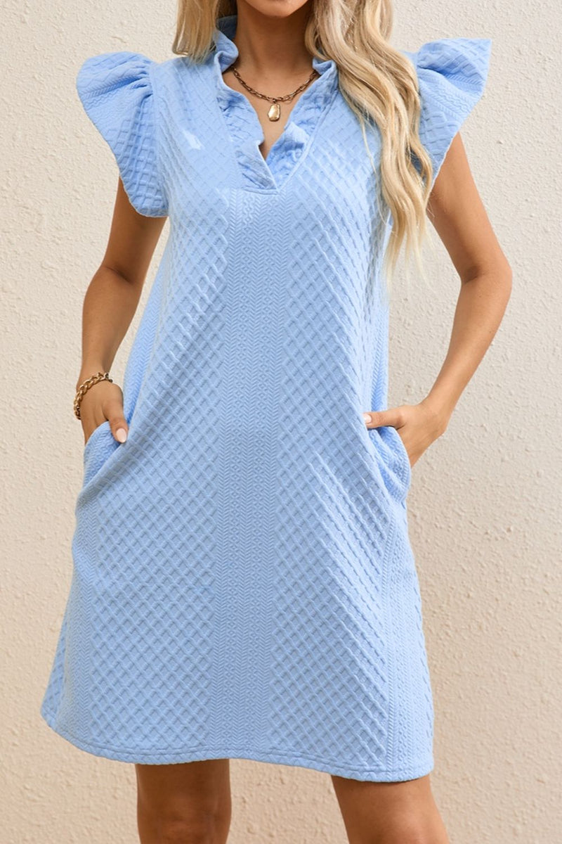 Ruffled V-Neck Cap Sleeve Mini Dress Light Blue