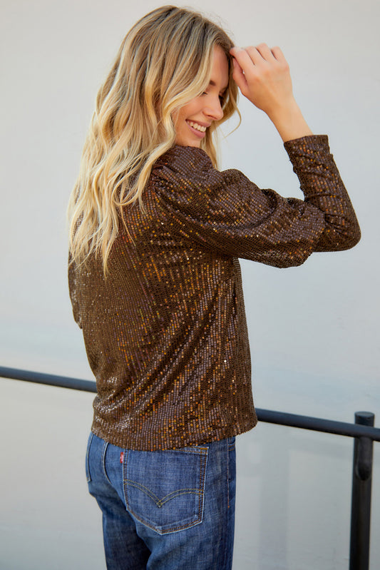 Sequin Puff Sleeve Round Neck Top