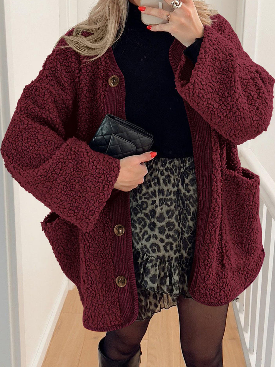 Contrast Button Up Sherpa Jacket with Pockets Burgundy