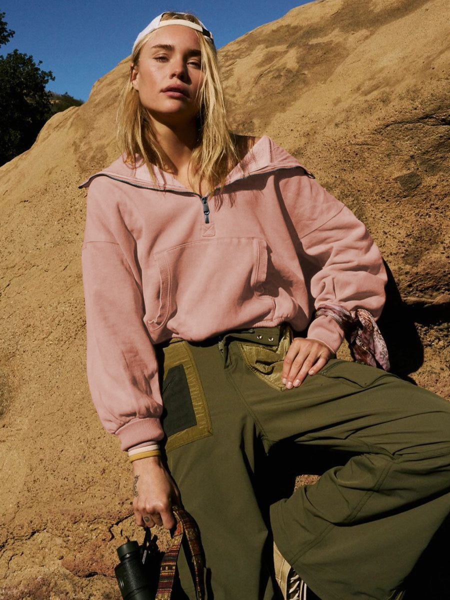 Half Zip Pocketed Dropped Shoulder Hoodie Dusty Pink