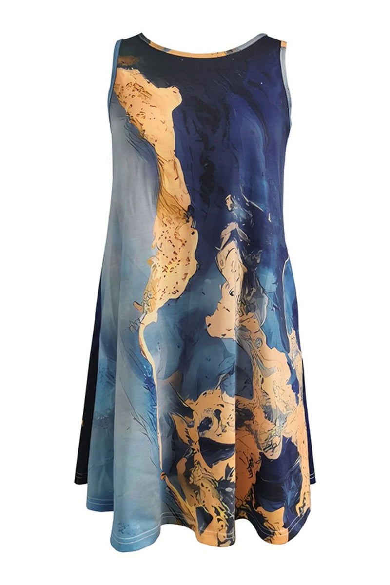 Abstract Print Round Neck Sleeveless Dress with Pockets