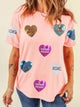 Valentine’s Day Sequin Heart Round Neck Short Sleeve T-Shirt Blush Pink