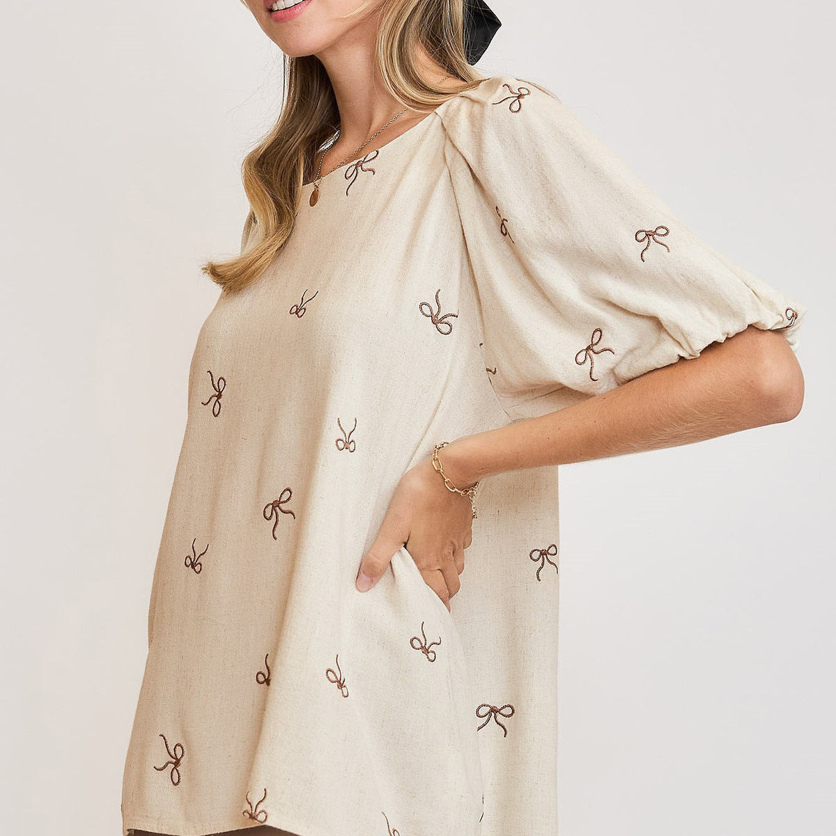 Umgee Full Size Linen Blend Ribbon Embroidered Top Plus Size