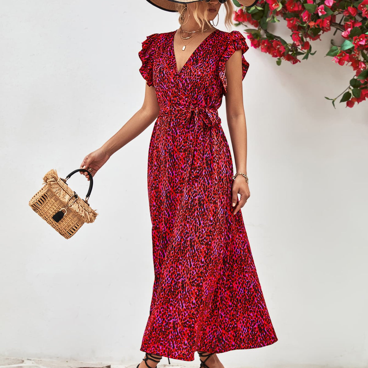 Printed Surplice Neck Flutter Sleeve Slit Dress
