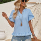 Ruffled Notched Petal Sleeve Blouse