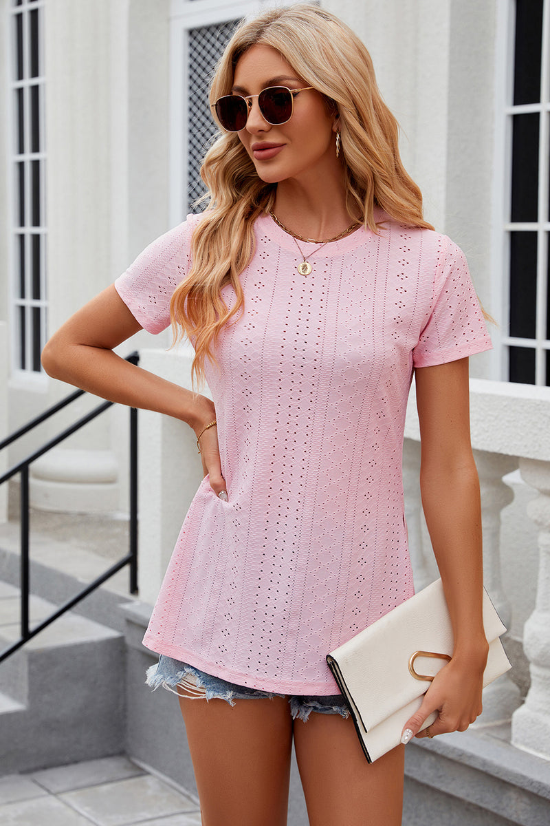 Eyelet Slit Round Neck Short Sleeve T-Shirt Blush Pink