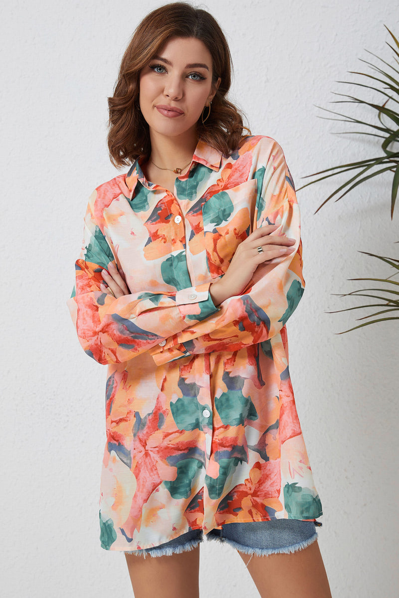 Floral Long Sleeve Slit Longline Shirt