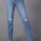 Distressed Raw Hem Straight Jeans with Pockets