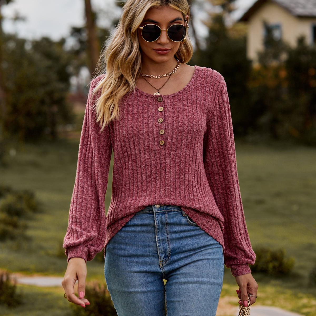 Round Neck Button-Down Long Sleeve Tee Hot Pink