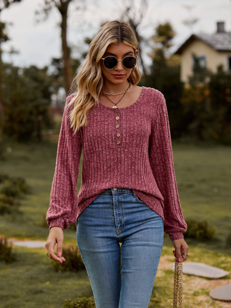 Round Neck Button-Down Long Sleeve Tee Hot Pink