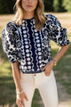 Printed Round Neck Half Sleeve Blouse Black