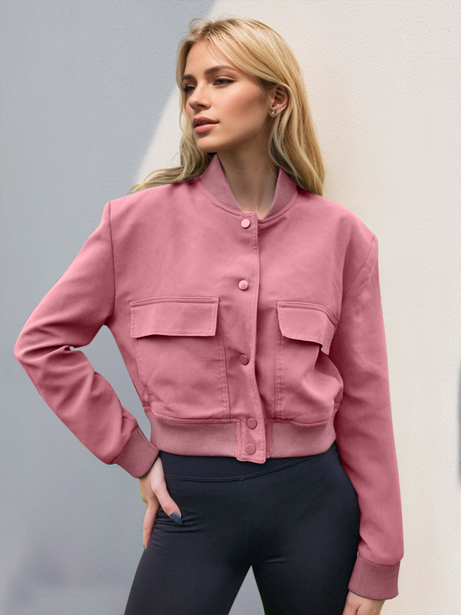 Pocketed Snap Down Baseball Collar Jacket Dusty Pink