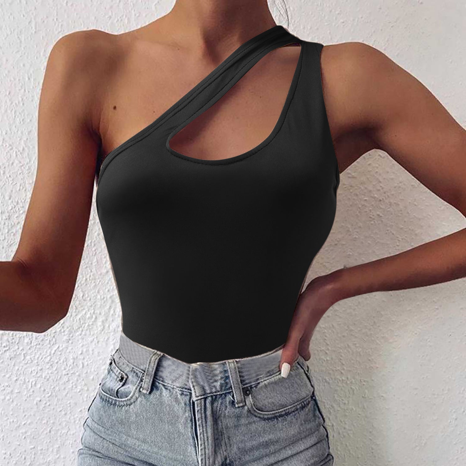 One Shoulder Cutout Cami Black