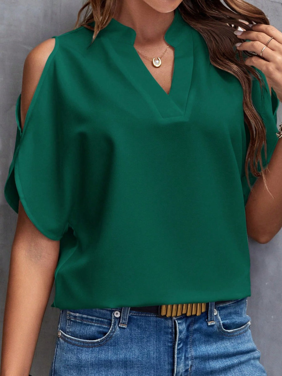 Notched Cold Shoulder Blouse Dark Green