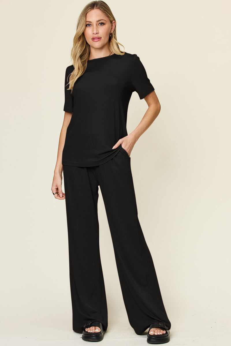 Double Take Full Size Round Neck Short Sleeve T-Shirt and Wide Leg Pants Set Black