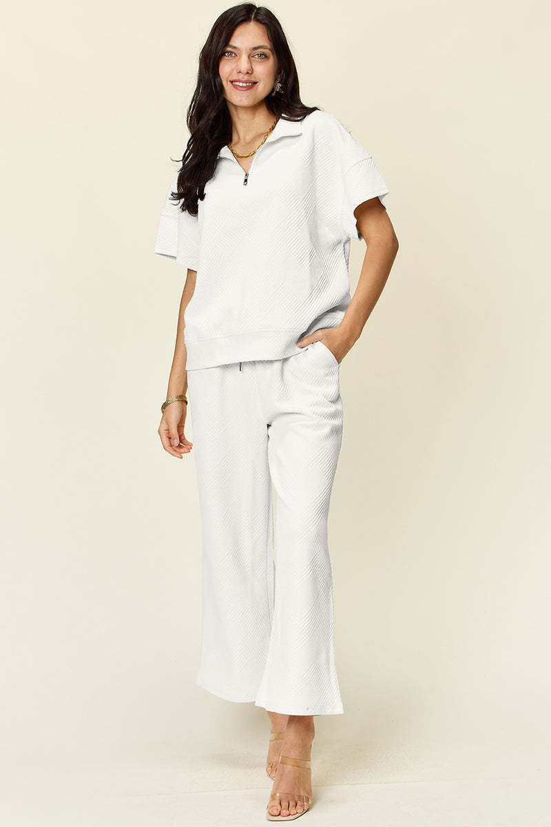 Double Take Full Size Texture Half Zip Short Sleeve Top and Pants Set White