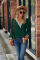 V-Neck Lace Detail Long Sleeve Top Green