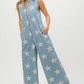 BiBi Star Print Half Zip Sleeveless Denim Jumpsuit