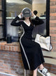 Plus Size V-Neck Long Sleeve Bodycon Midi Dress with Side Stripes Black