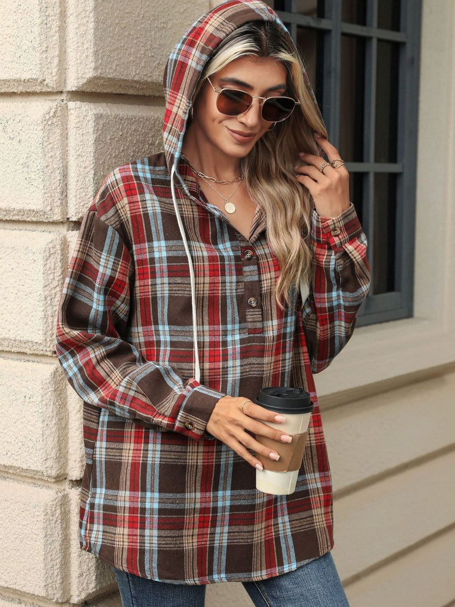 Drawstring Plaid Hooded Long Sleeve Top Coffee Brown