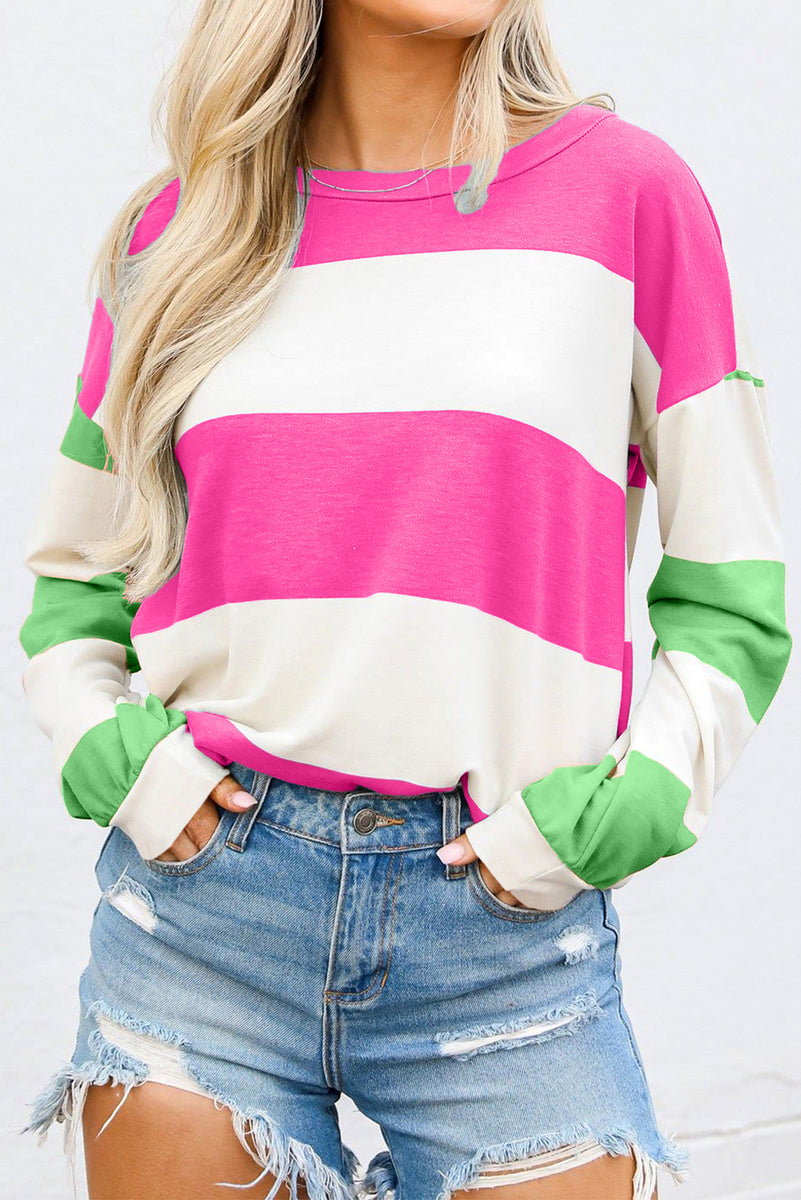 Contrast Color Block Round Neck Long Sleeve Top Hot Pink