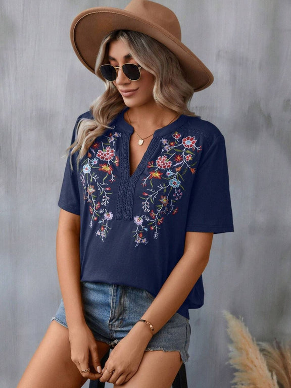 Embroidered Notched Short Sleeve T-Shirt Dark Navy