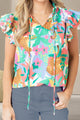 Ruffled Printed Tie Neck Cap Sleeve Blouse Neon Green