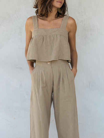 Square Neck Wide Strap Top and Pants Set Khaki
