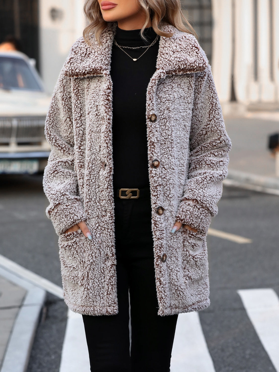 Pocketed Collared Neck Long Sleeve Plush Jacket Taupe
