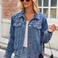 Pearl Detail Collared Neck Long Sleeve Denim Jacket