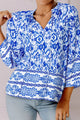 Printed Tie Neck Three-Quarter Sleeve Blouse Royal Blue