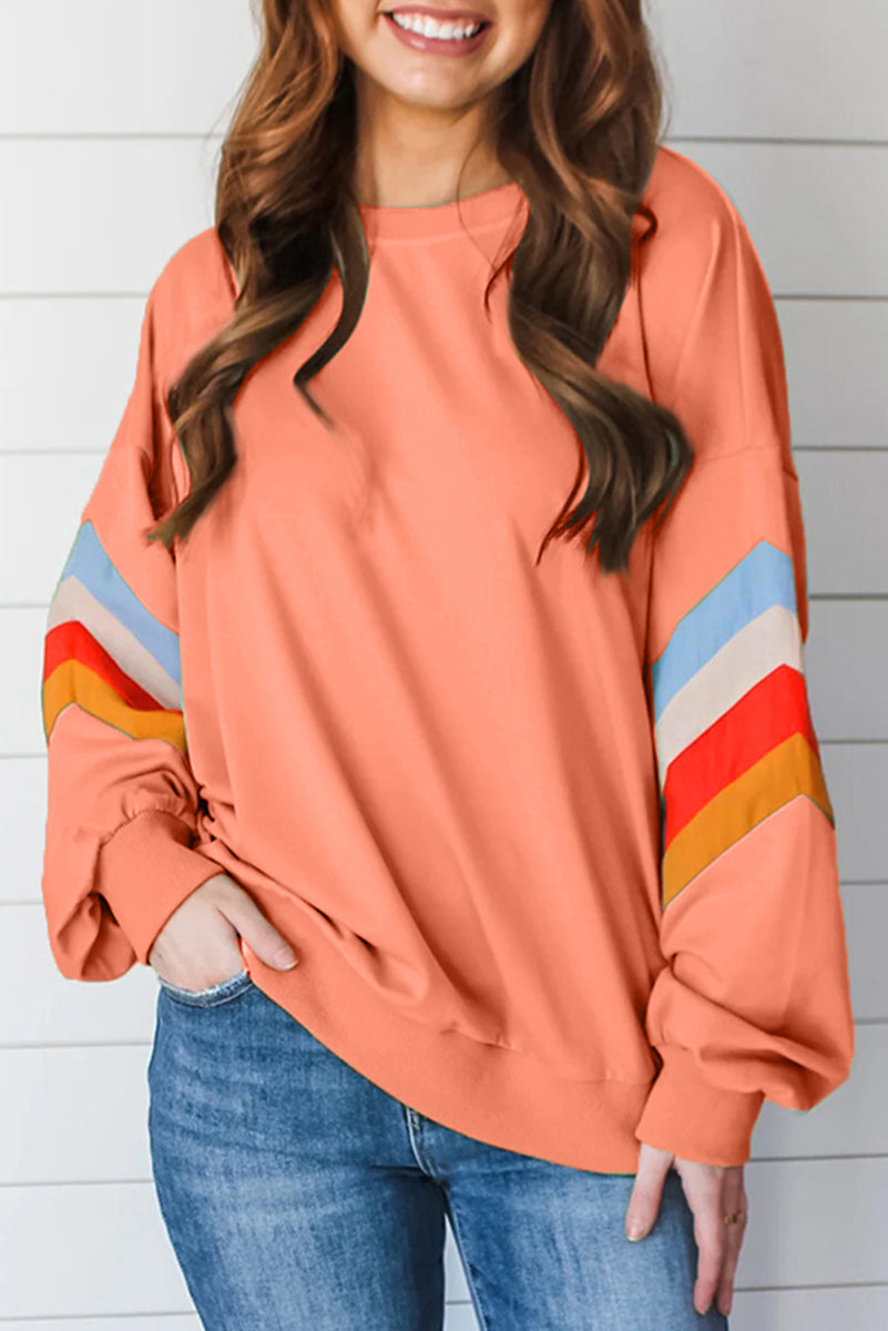 Contrast Round Neck Long Sleeve Sweatshirt Sherbet