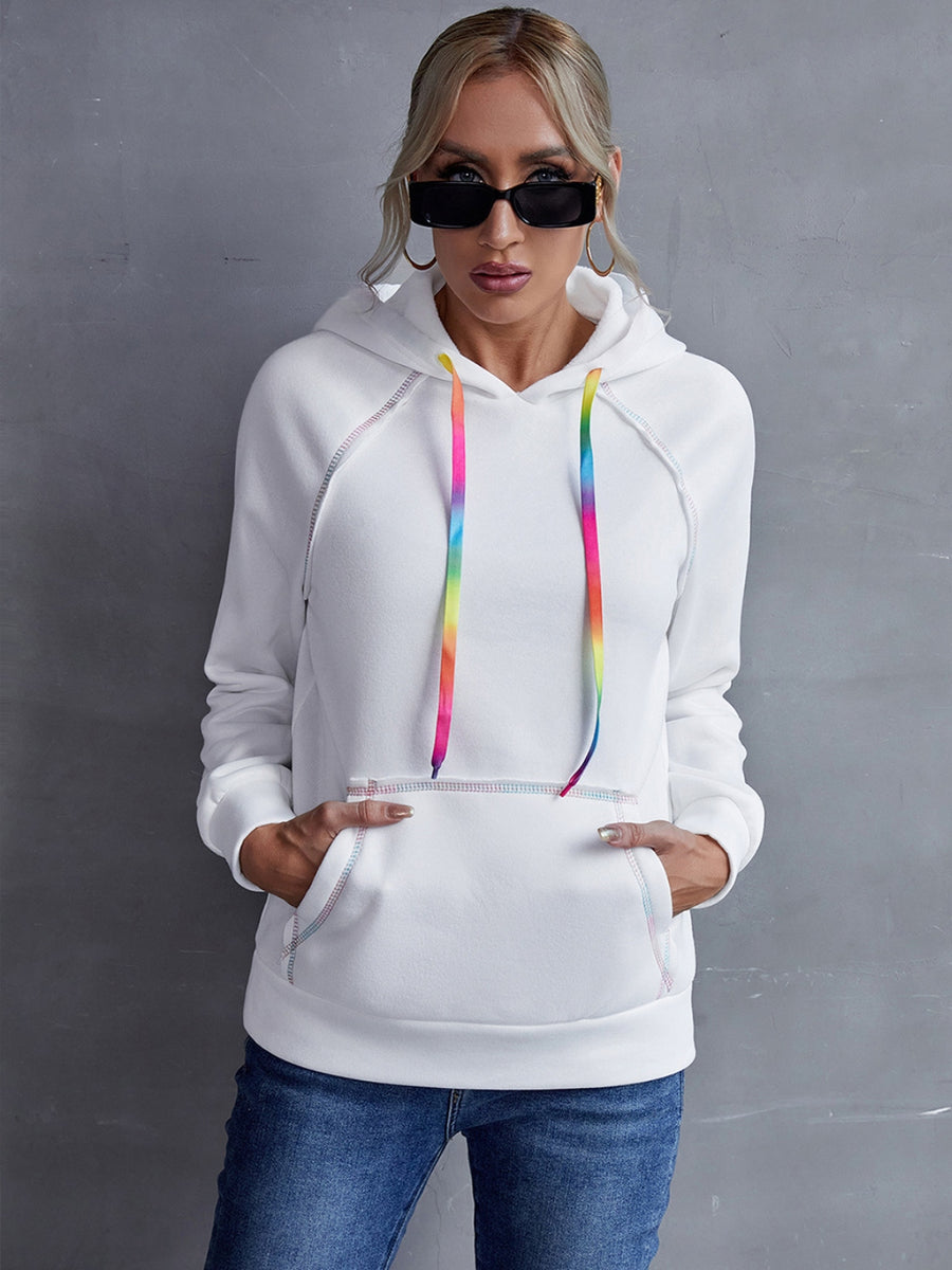 Ivy Lane Contrast Stitching Drawstring Raglan Sleeve Hoodie Hot Pink