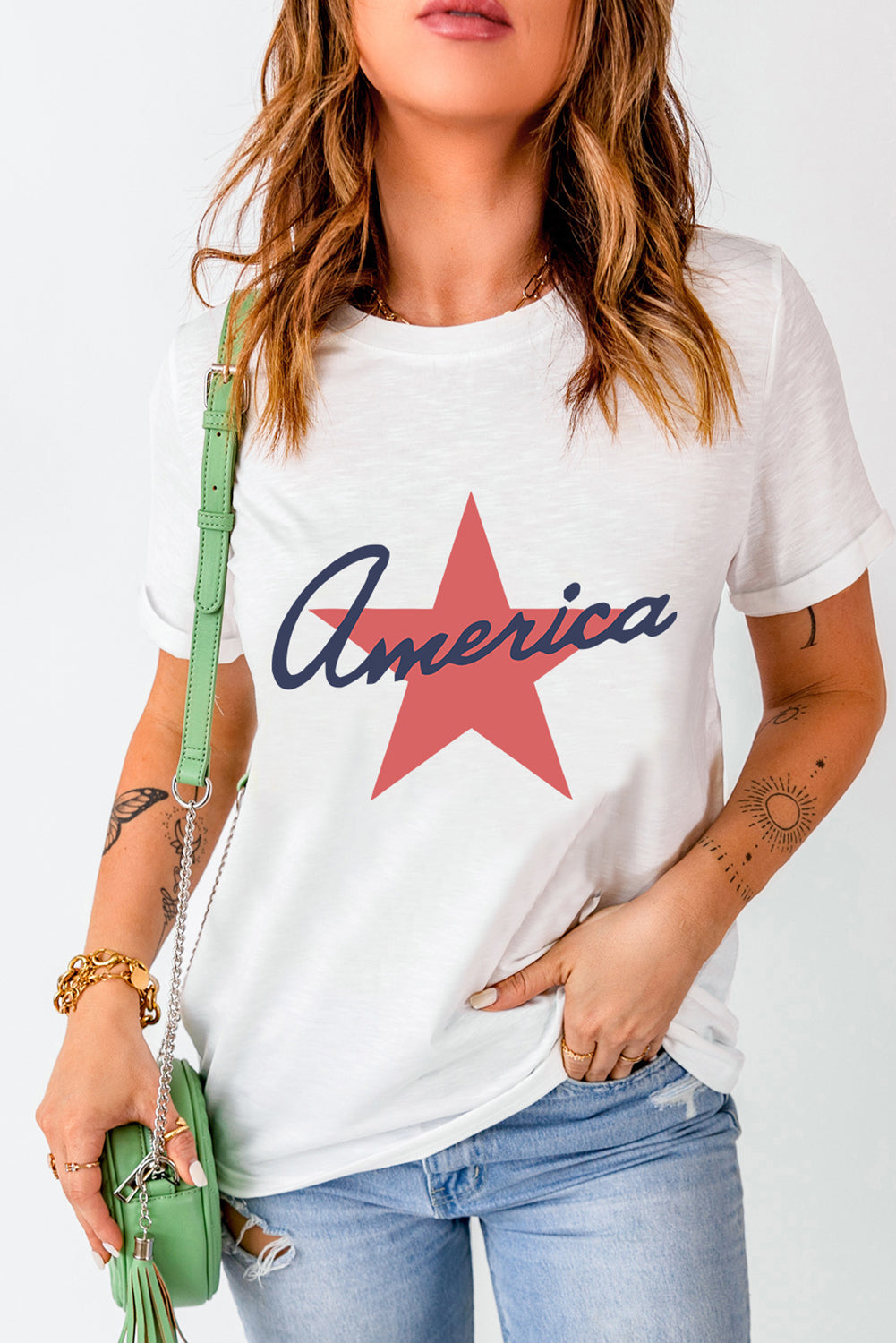 Star Round Neck Short Sleeve T-Shirt White