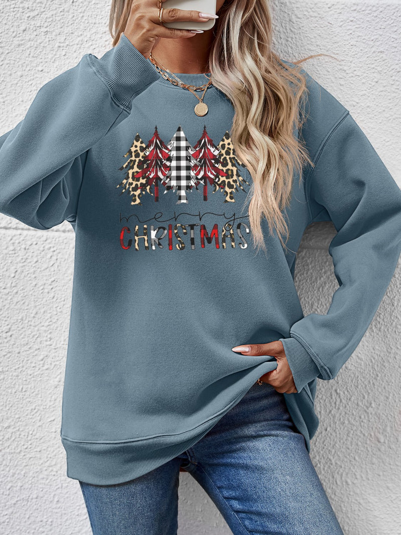 MERRY CHRISTMAS Round Neck Long Sleeve Sweatshirt French Blue