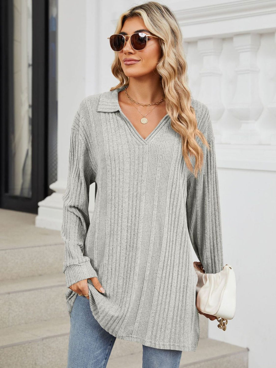 Slit Johnny Collar Long Sleeve T-Shirt Light Gray