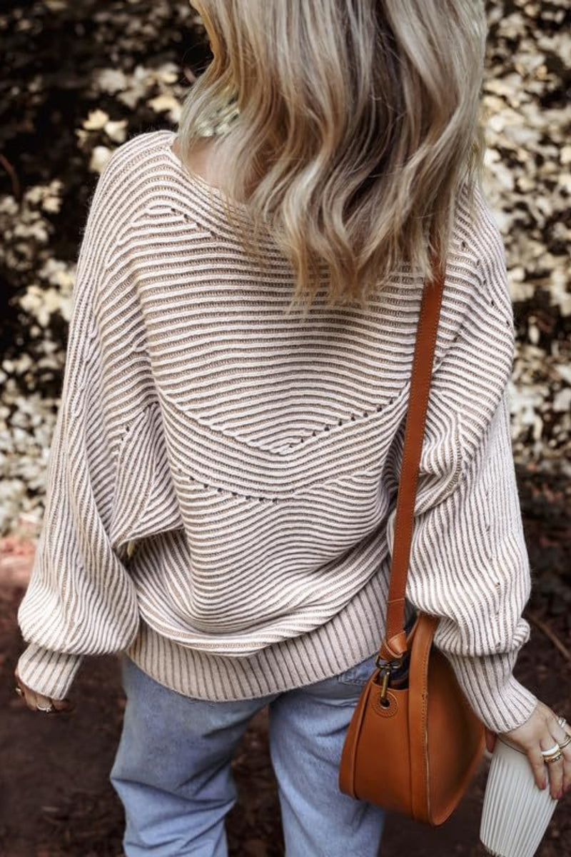 Textured Striped Round Neck Long Sleeve Top Dust Storm