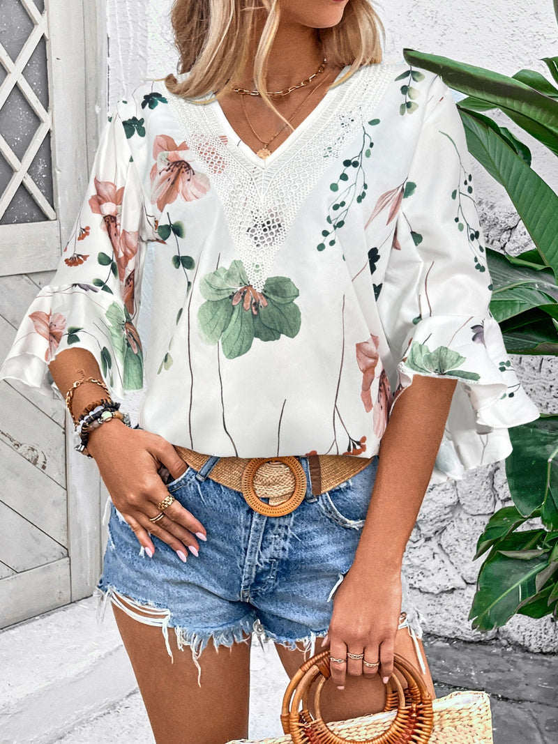 Honey Ruffled Printed V-Neck Half Sleeve Blouse Green
