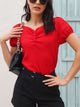 Ruched Decor Button V-Neck Short Sleeve Blouse Red