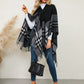 Fringe Contrast Plaid Poncho